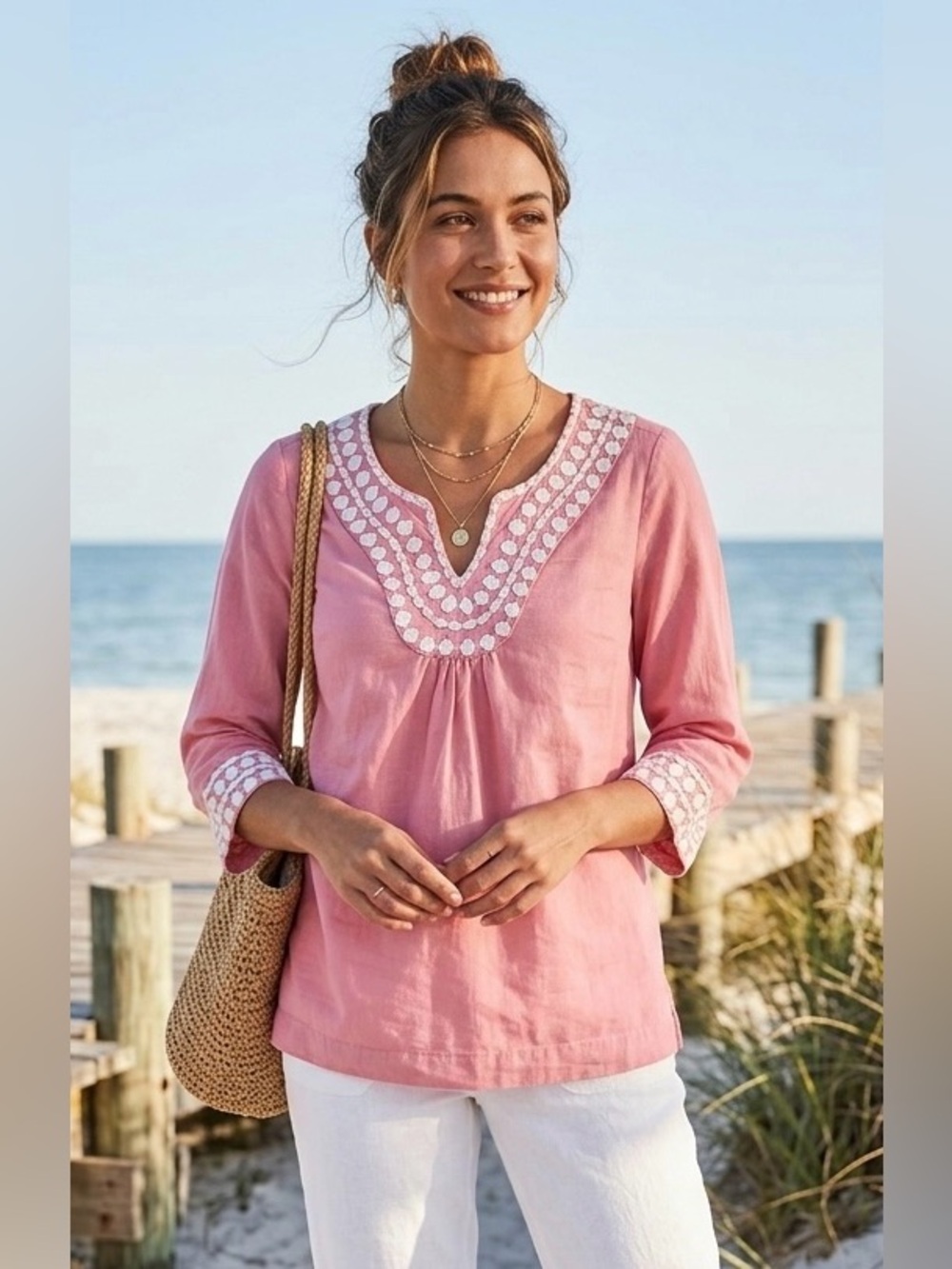 Boden Pink Coral Cotton Embroidered Notch V-Neck Boho Tunic Top Blouse Sz 4